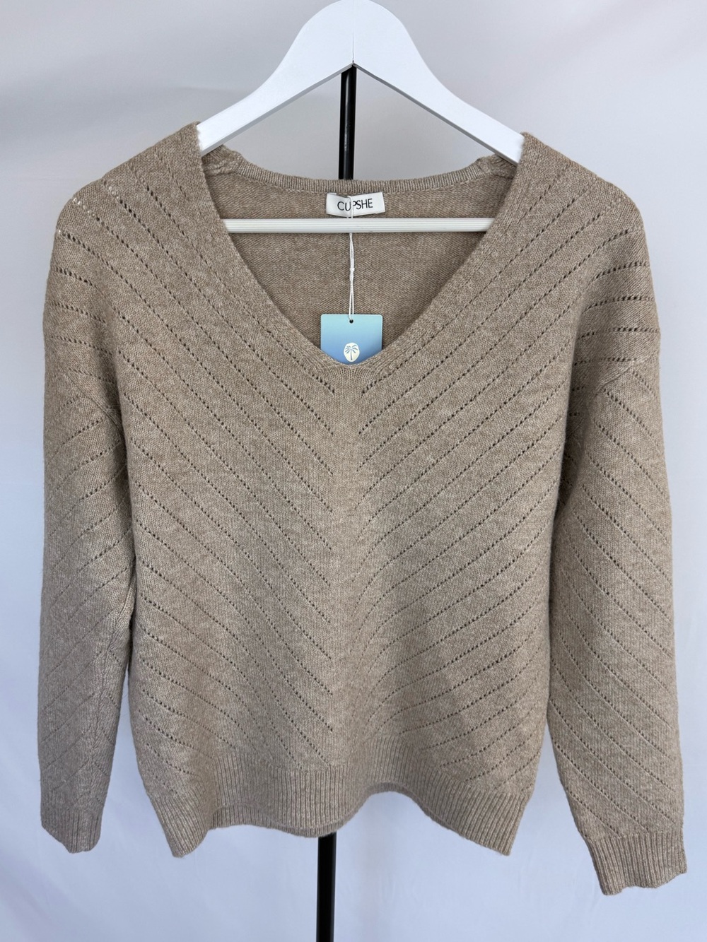 Cupshe Taupe V-Neck Chevron Knit Sweater